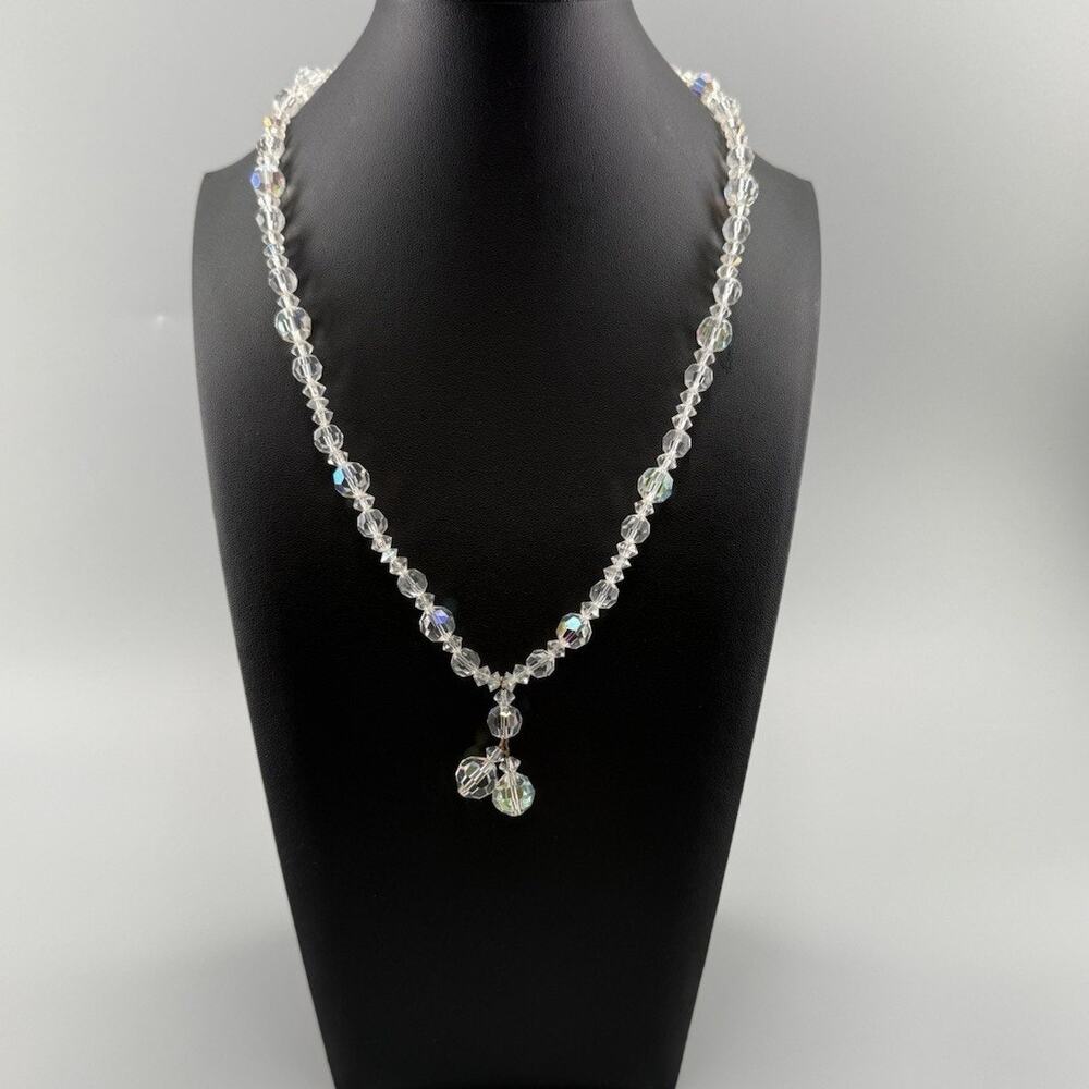 Vintage Aurora Borealis Crystal Necklace Faceted Glass Beads Dangle Drop Pendant